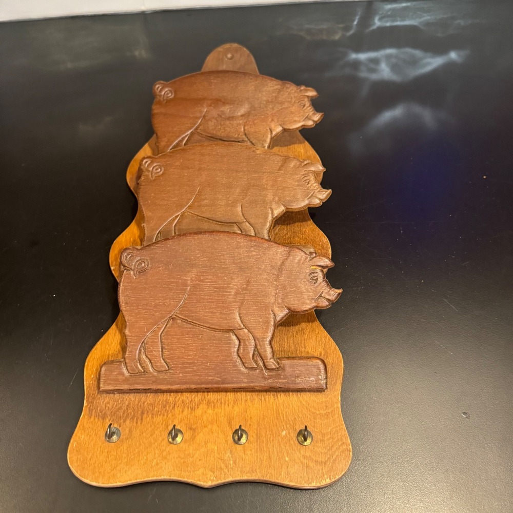 Vintage Wood Pig Wall Mail Organizer Key Rack Brown Farmhouse 19 Inch Tiered
